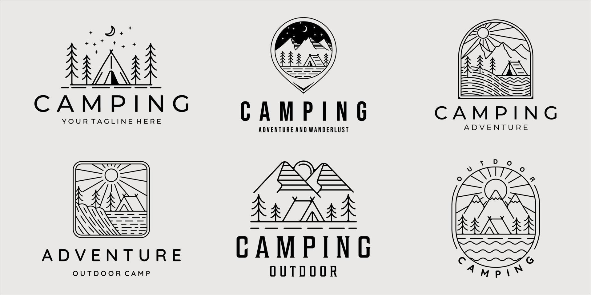 Satz von Camping Logo Strichzeichnungen einfache minimalistische Vektor Illustration Vorlage Symbol Grafikdesign. Bundle-Sammlung verschiedener Camps in der Natur mit Abzeichen und Typografie-Stil