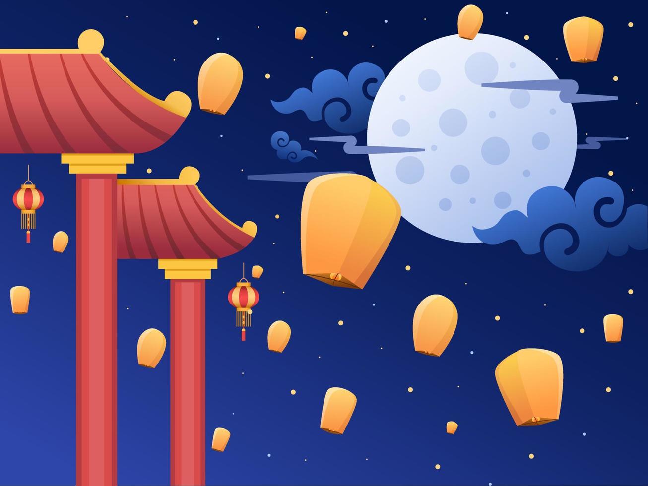 illustration des chinesischen laternenfestes mit fliegender laterne am nachthimmel mit chinesischem torgebäude. kann für Grußkarten, Postkarten, Einladungen, Poster, Banner, Web, Animationen verwendet werden. vektor