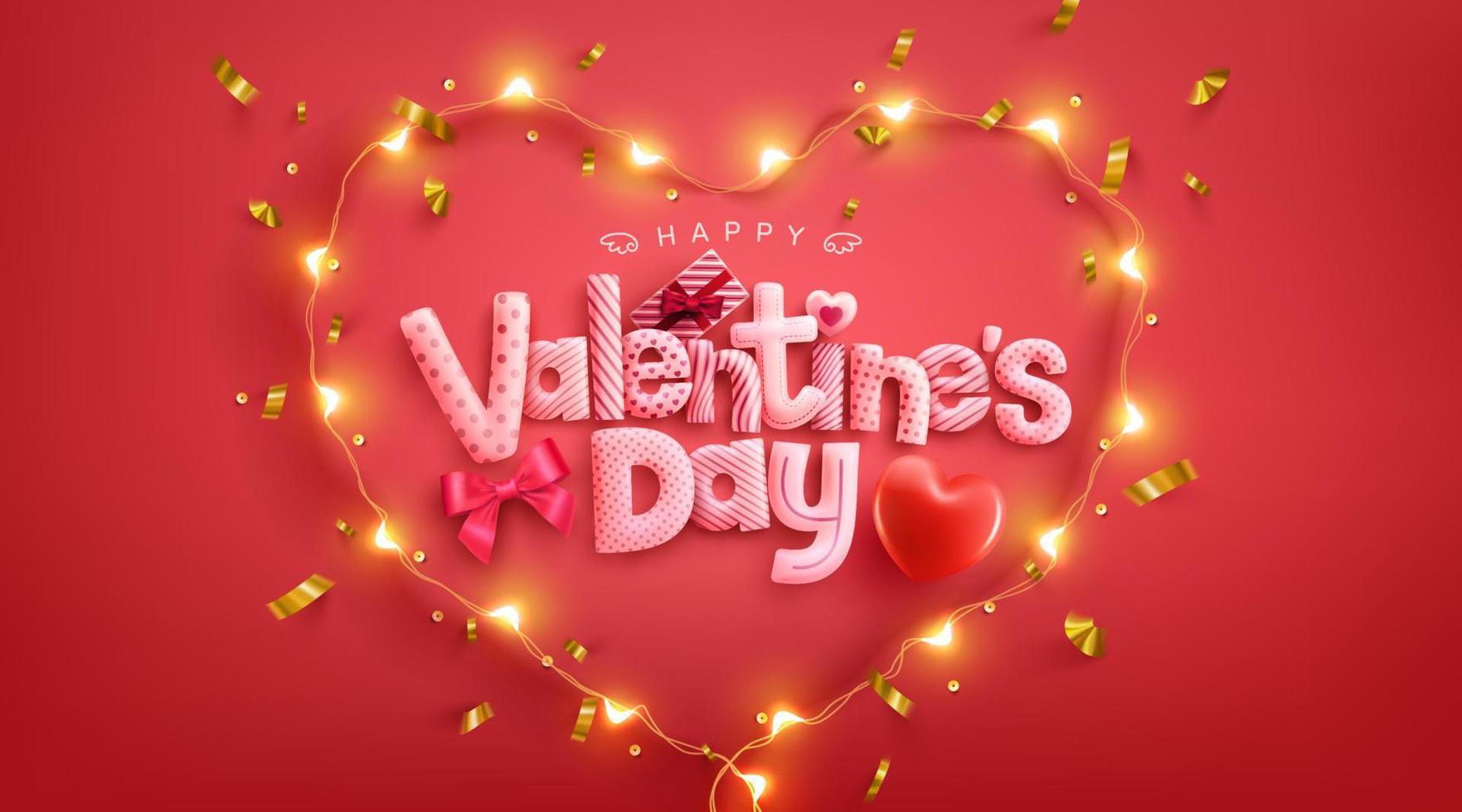 Happy Valentine's Day Poster oder Banner mit niedlicher Schriftart in Herzform mit LED-Lichtrahmen. Werbe- und Einkaufsvorlage oder Hintergrund für Liebes- und Valentinstagskonzept vektor