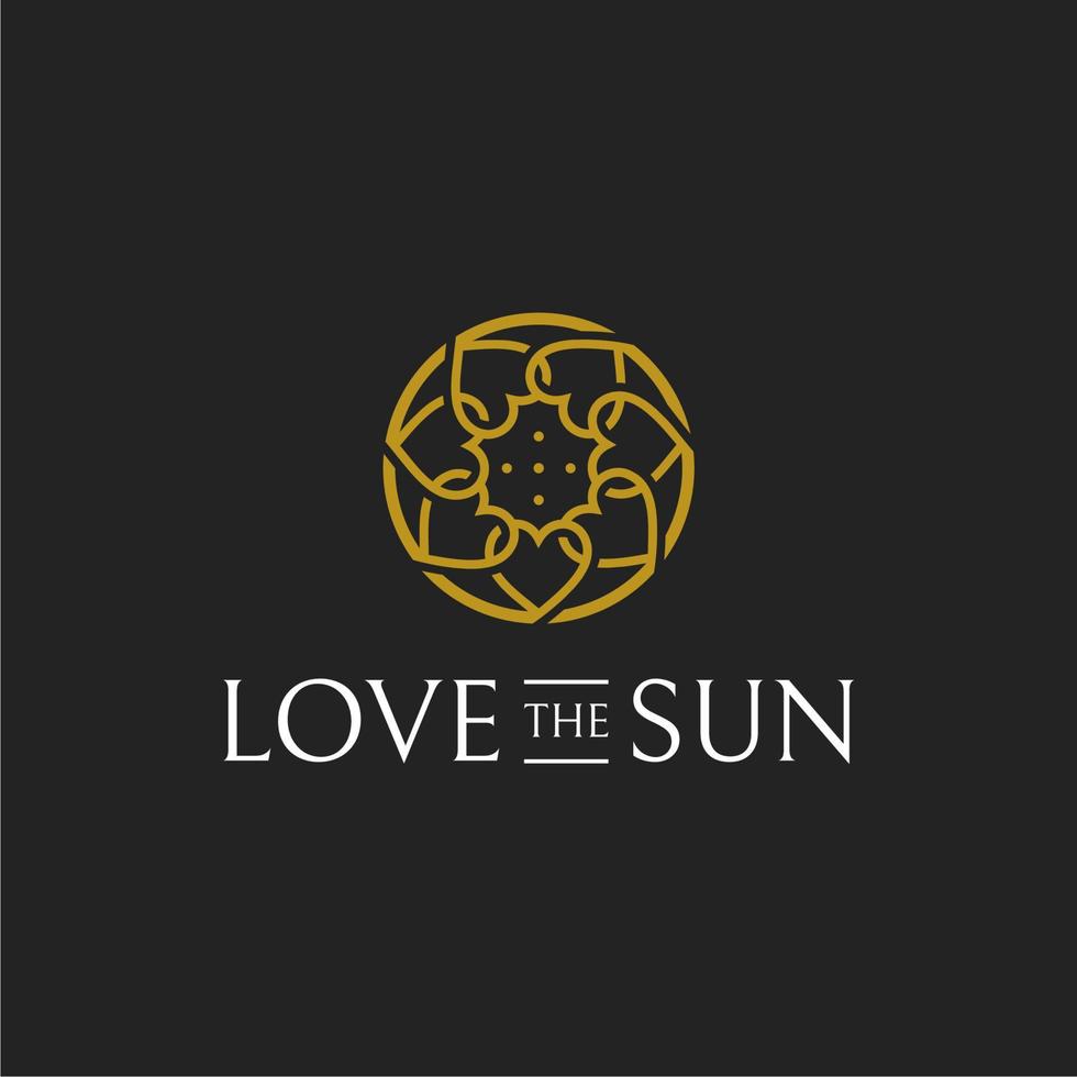 Liebes- und Sonnenlogovektor, Sonnenblumen-Luxuslogo, kreisförmige Liebe und Sonnenlogo vektor