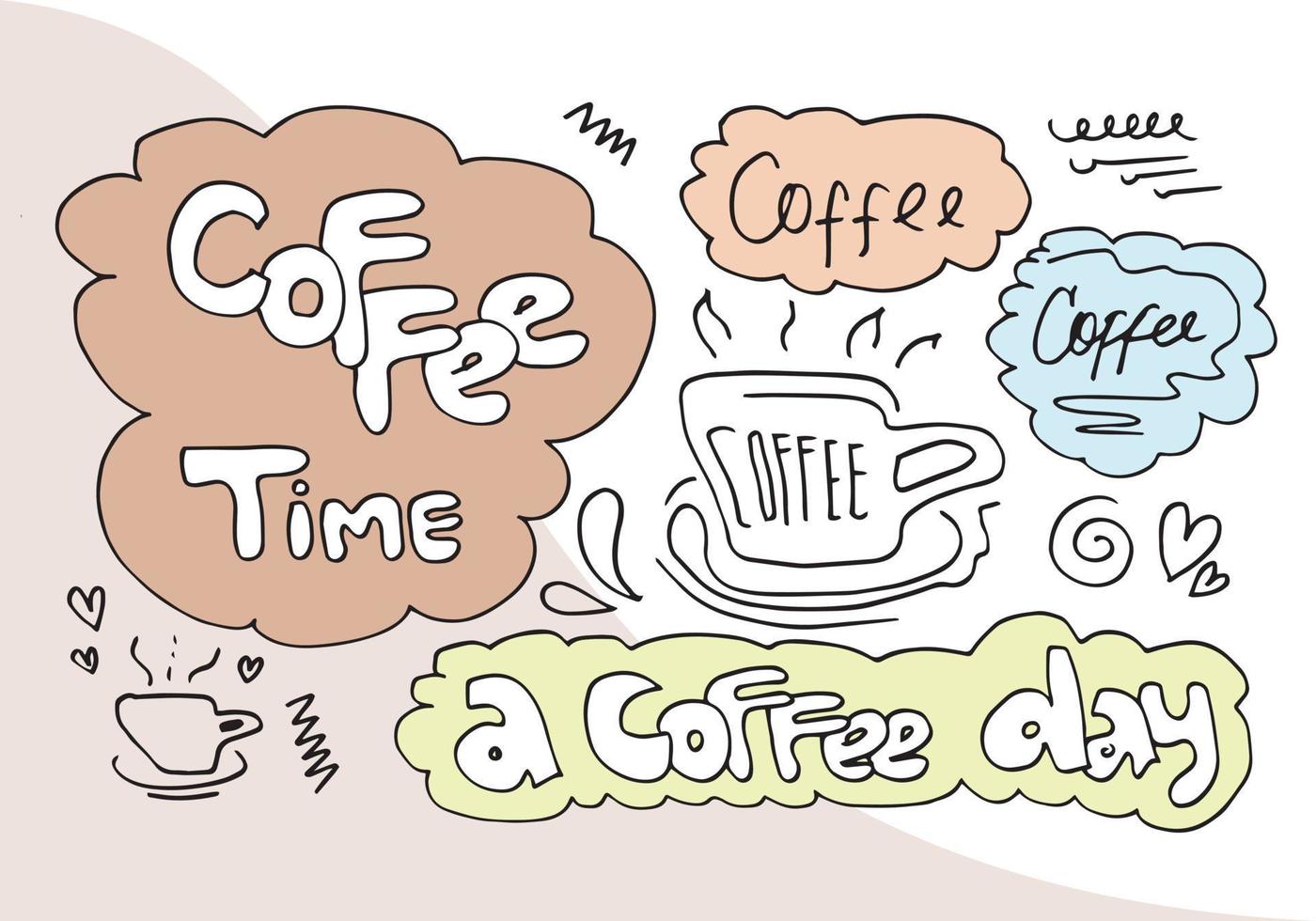 uppsättning av kaffe tid element med mat, kaffebönor, glas, mjölk och bokstäver text.vector illustration. vektor