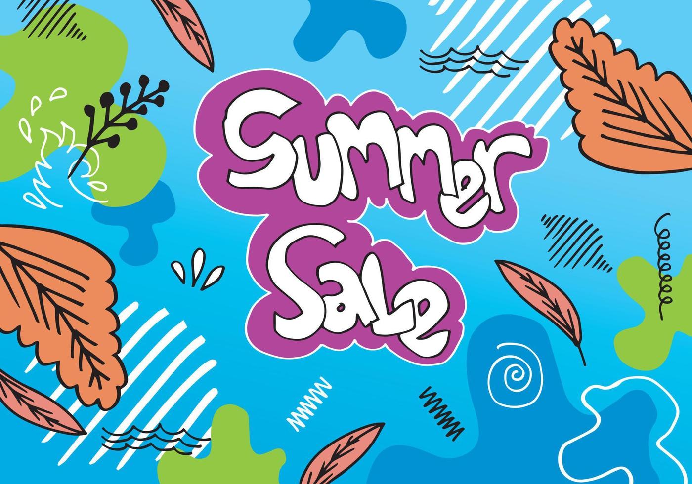 Sommerschlussverkauf-Banner-Vorlage mit Doodle-Stil. ein abstrakter sommer mit palmblättern und hibiskusblüten. Promo-Abzeichen für Ihre saisonalen Designs. vektor