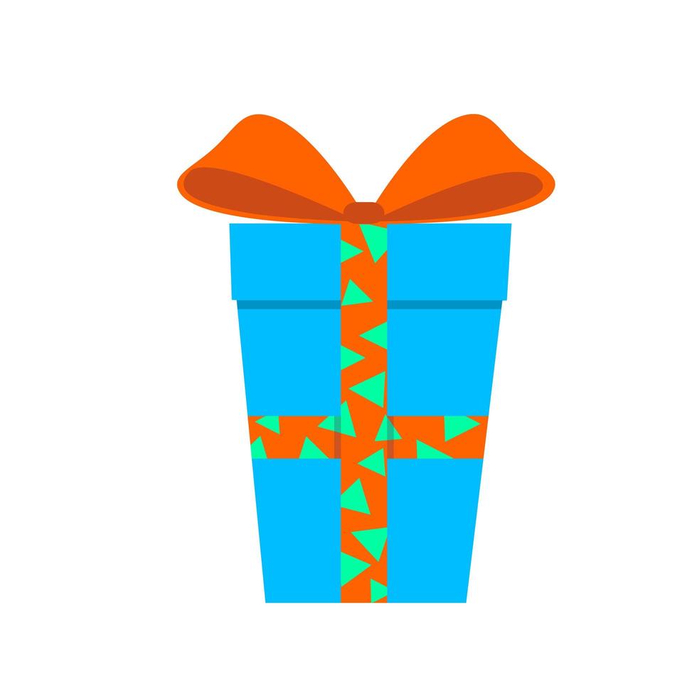 Geschenk in einer blauen Schachtel mit einem orangefarbenen Band in einem Dreieck. überraschen Sie mit einer schönen Schleife. flacher Stil. für ein Logo, Banner oder eine Postkarte. vektor