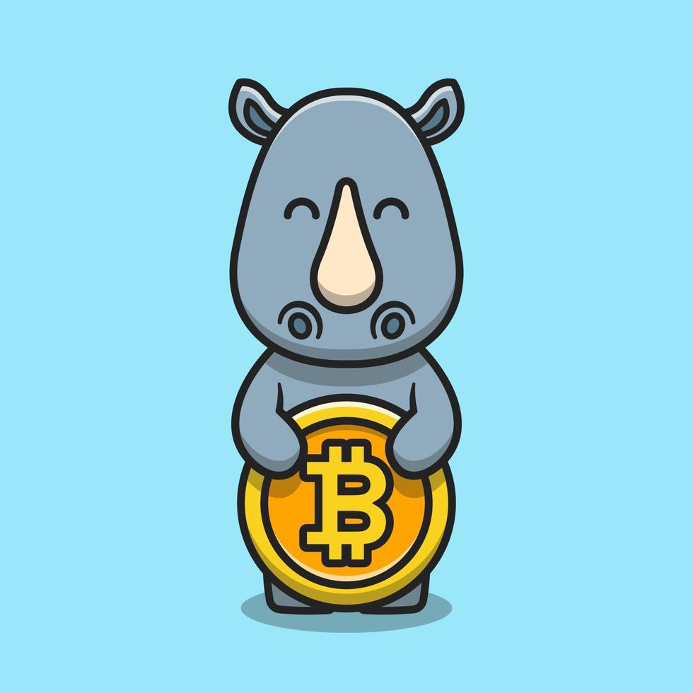 niedliches nashorn, das bitcoin-cartoon-vektorsymbolillustration hält vektor