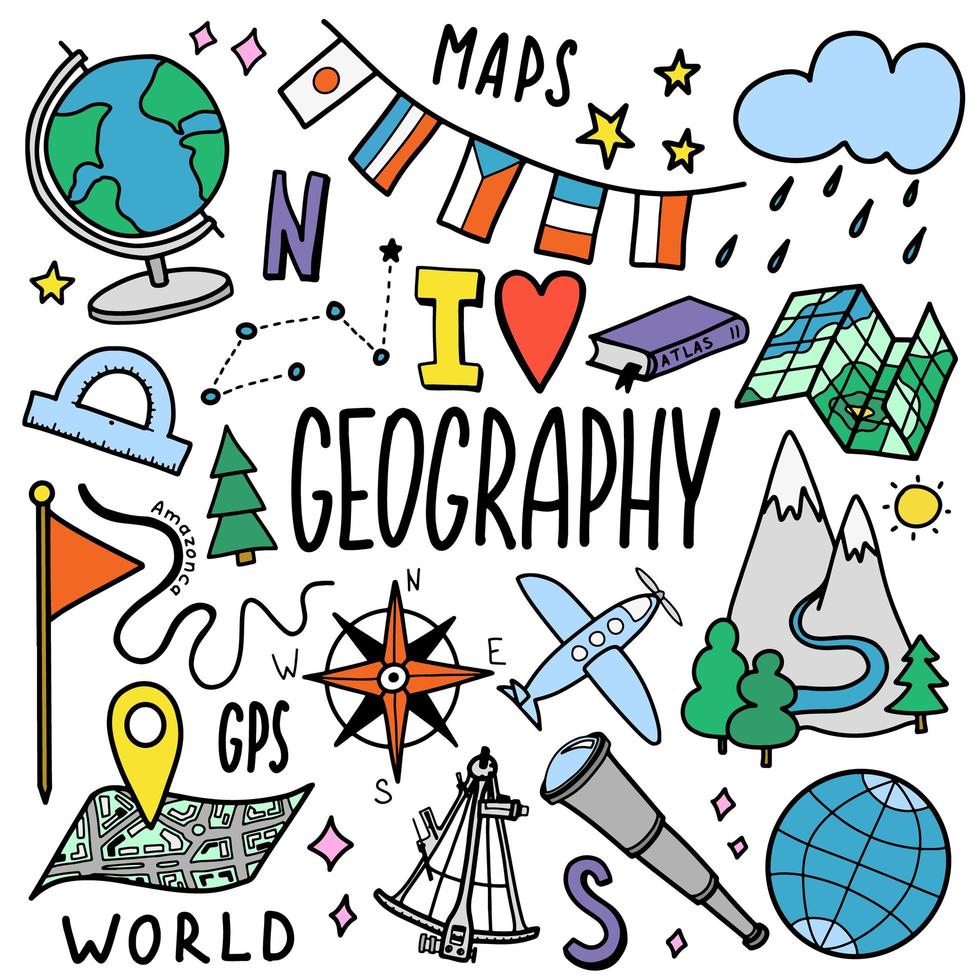 geografi och geologi utbildning ämne handskrift doodle ikon för jordutforskning och kartdesign tecken och symbol i isolerad bakgrund vektor