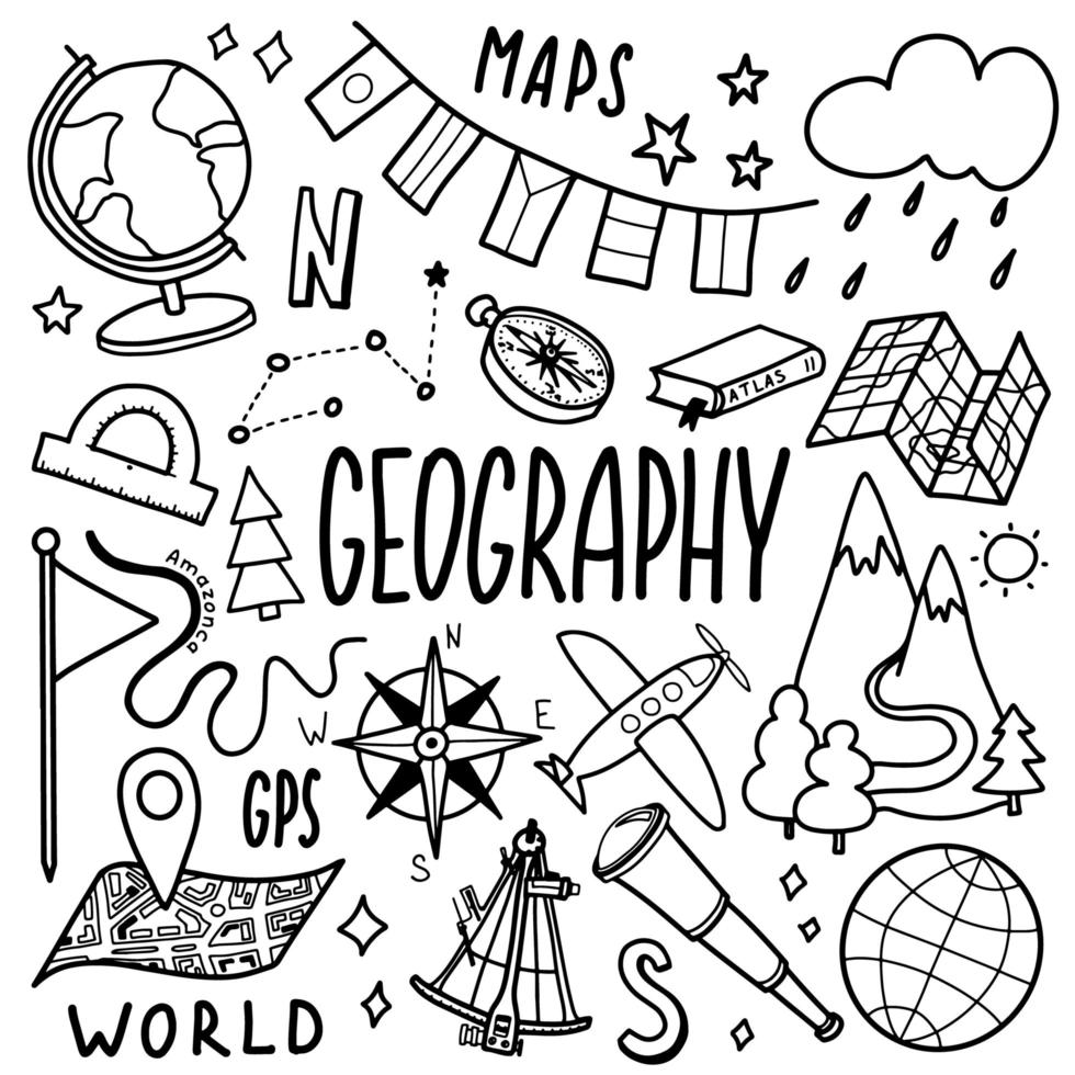 geografi symboler ikoner set. skolämnesdesign. utbildning disposition skiss i doodle stil. studie, vetenskap koncept. tillbaka till skolan bakgrund för anteckningsbok, skissbok. vektor