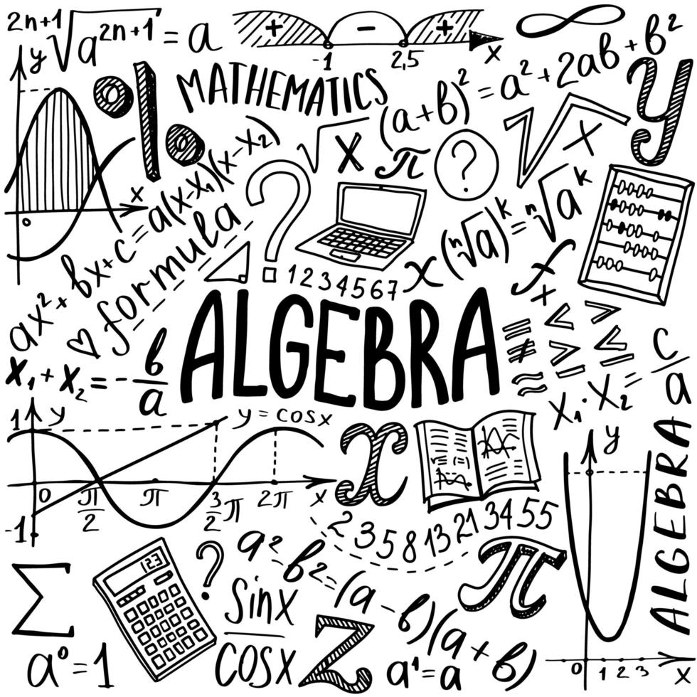 Symbolsatz für mathematische Symbole. algebra- oder mathematikfach-doodle-design. Bildungs- und Studienkonzept. zurück zum schulhintergrund für notizbuch, nicht block, skizzenbuch. handgezeichnete Abbildung. vektor