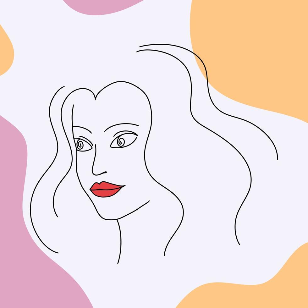 ein Poster mit einem minimalistischen weiblichen Gesicht auf einem abstrakten Hintergrund. ein schönes Mädchen mit einer Frisur und roten Lippen. Moderne Porträtmalerei vektor