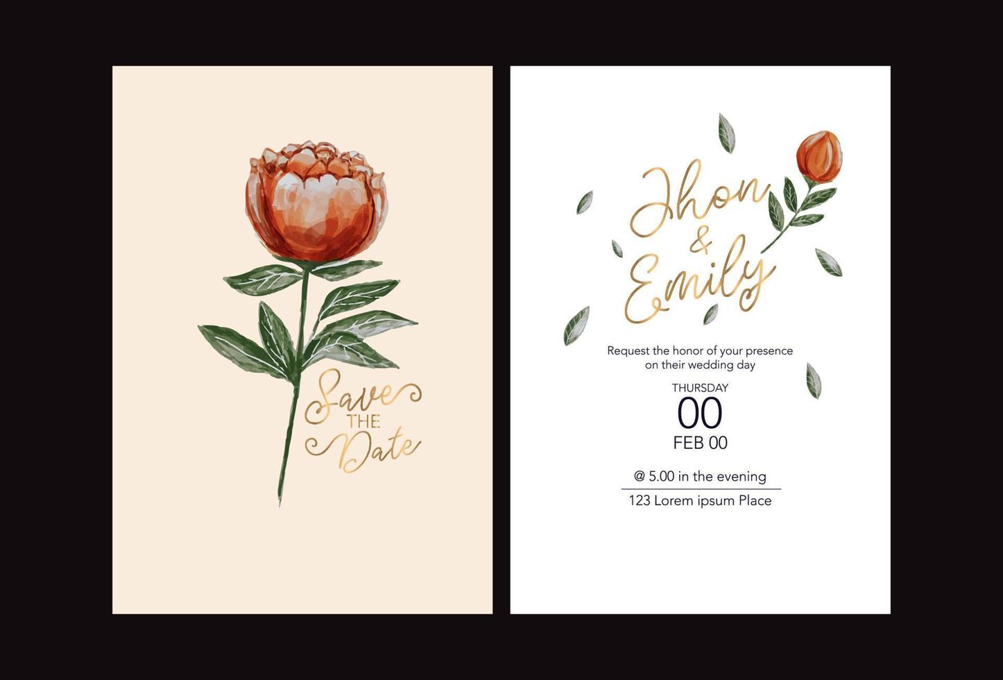 bröllopsinbjudan, inbjudan, spara datumet kort med vektor blommig bukett ram design pion