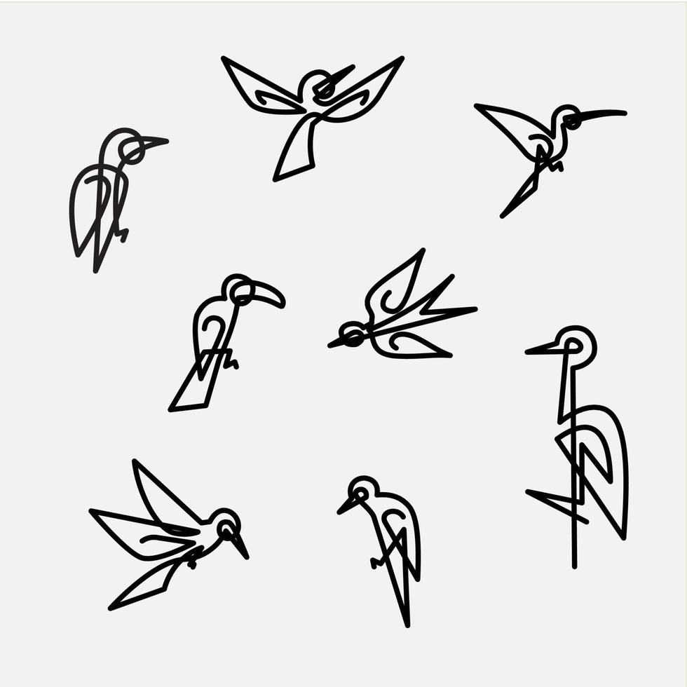 svart linje fågel ikon logotyp set vektor design