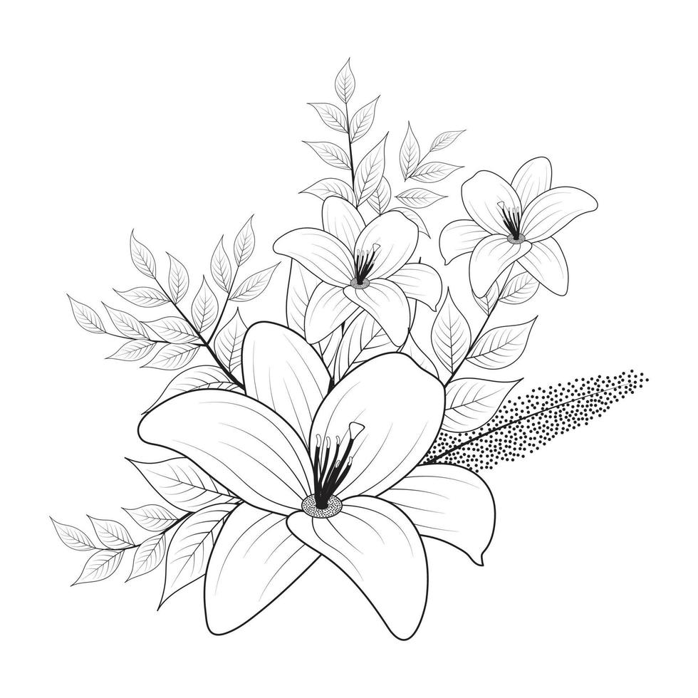 tropiska liljeblad blomma sömlös konst för tatuering eller dekorkomposition. vektor illustration romantiska botaniska ön tema svart kontur grafisk växt isolerad på vit bakgrund