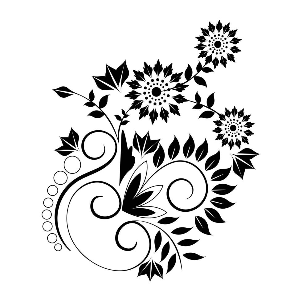 vacker svartvit tatuering med blommiga ornament och virvlar dekorativa element blommönster i folklig stil för design vektor