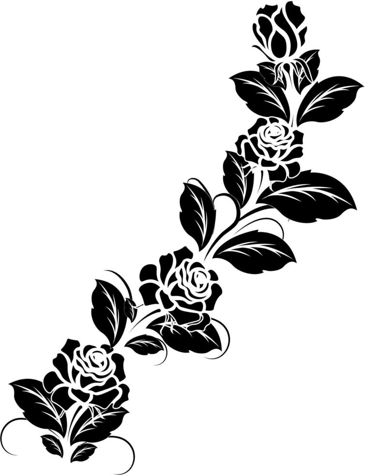 Silhouette Rosenzweig mit geöffneten Blüten und Knospen, Illustration gezeichneter Vektor