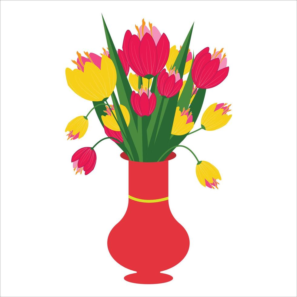 Blumenstrauß aus korallenroten Tulpen in einer Vase isoliert auf weißem Hintergrund vektor