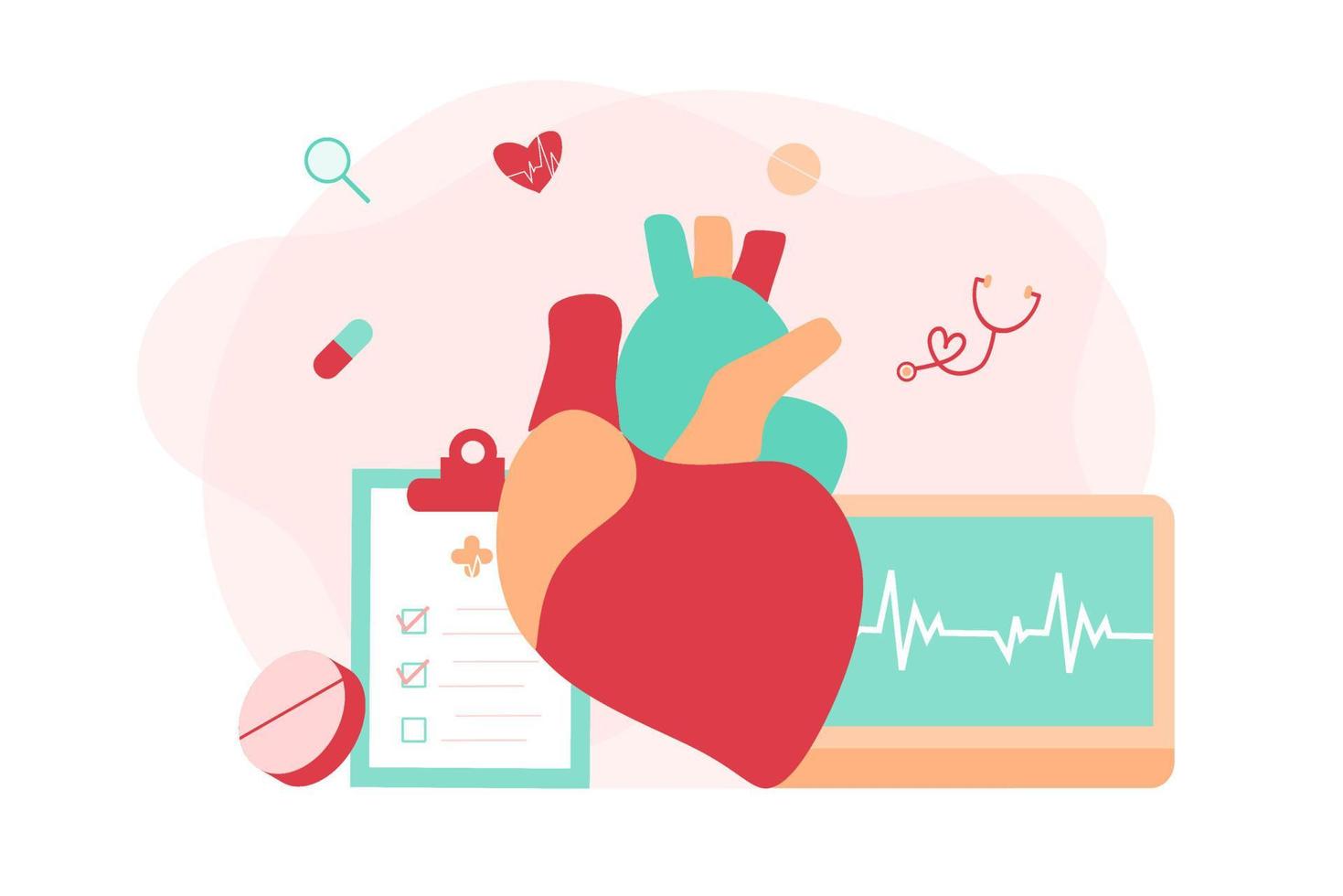 modern hjärtmedicin, hjärtsjukdomsforskningskoncept. kardiolog som studerar stort hjärta modell, droger och hjärtslag diagram. vektor illustration kardiovaskulära systemet, kolesterol, medicinsk undersökning