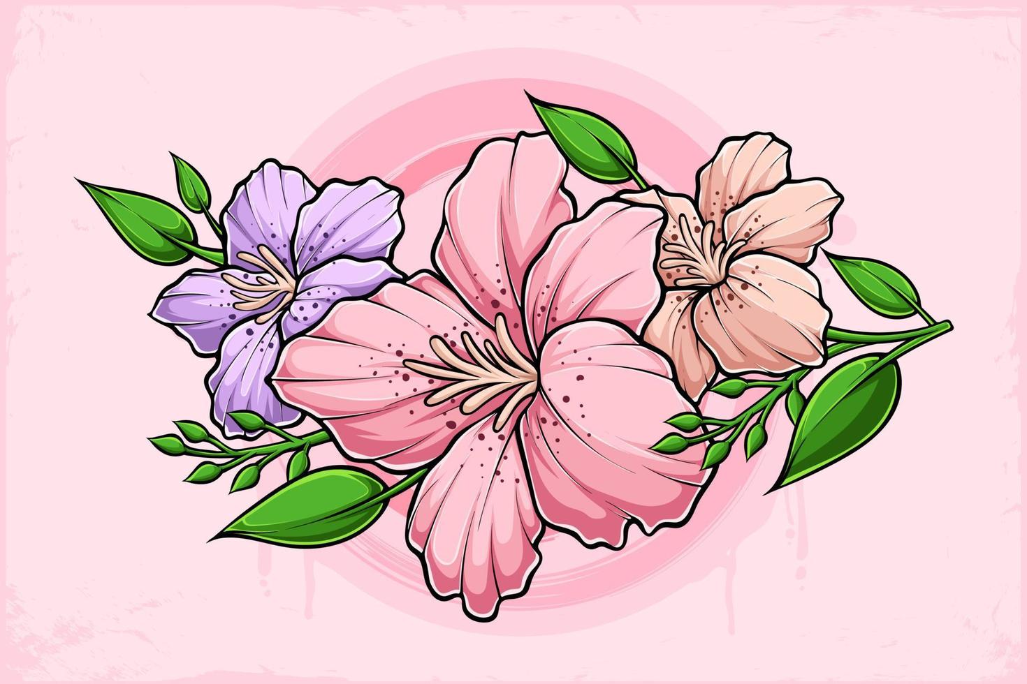 handritade vackra dekorativa blommor och blad isolerade, rosa, lila och orange blommor vektor
