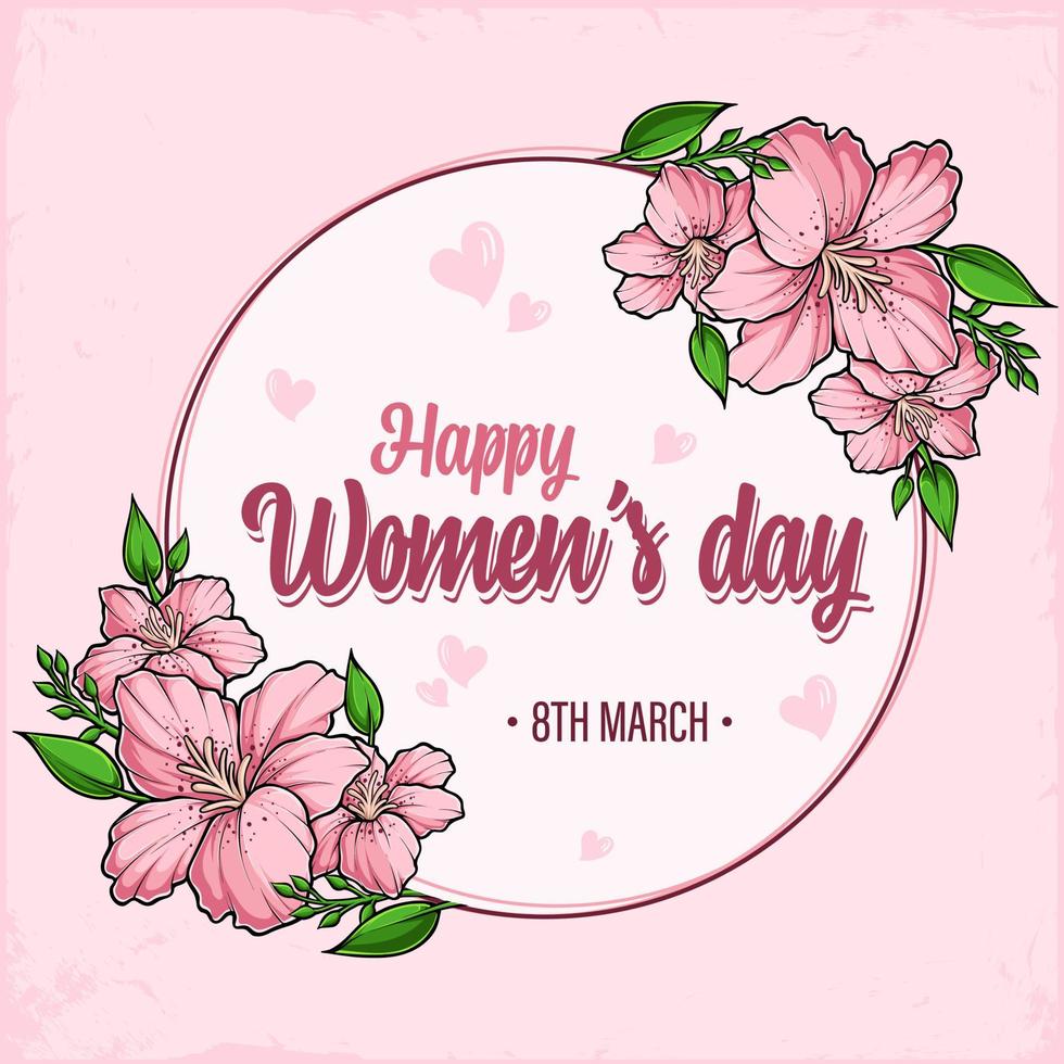 Happy International Women's Day 8. März Poster mit hübschen rosa Blumen dekorativen Wunschgrußkarte vektor