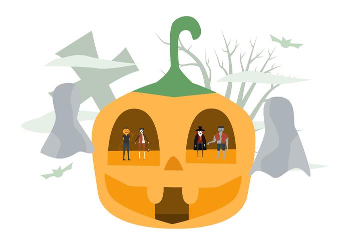 Minimal scen för halloween dag, 31 oktober, med monster som inkluderar dracula, pumpa man, frankenstein, katt. Vektor illustration isolerad på vit bakgrund.