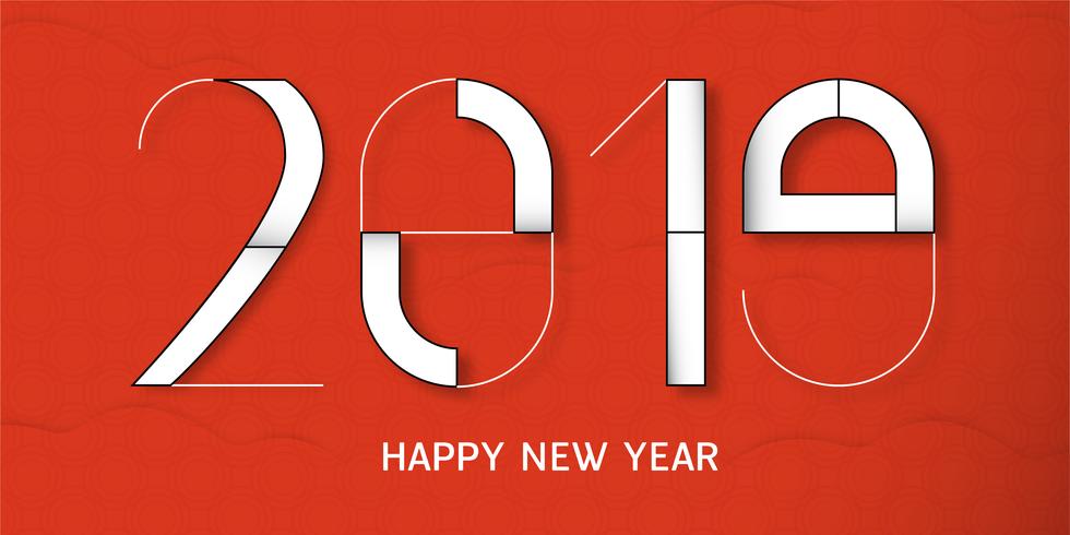 Gott nytt år 2019 med skymning av moln på röd bakgrund. Vektor illustration med kalligrafi design av nummer i pappersskärning och digitala hantverk.