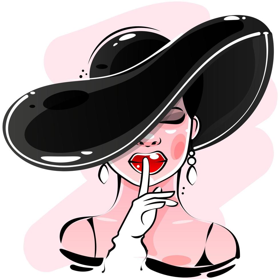 Mode- und Accessoires-Schönheitsikone. Frau mit langen Haaren und glänzend rotem Lippenstift auf ihren Lippen, die einen eleganten Hut trägt. Vektor