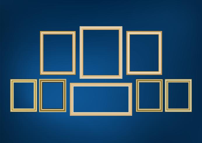 Satz des dekorativen Rahmenbildes mit Goldgrenze, Vektordesign auf blauem Hintergrund mit Kopienraum im erstklassigen Konzept. vektor