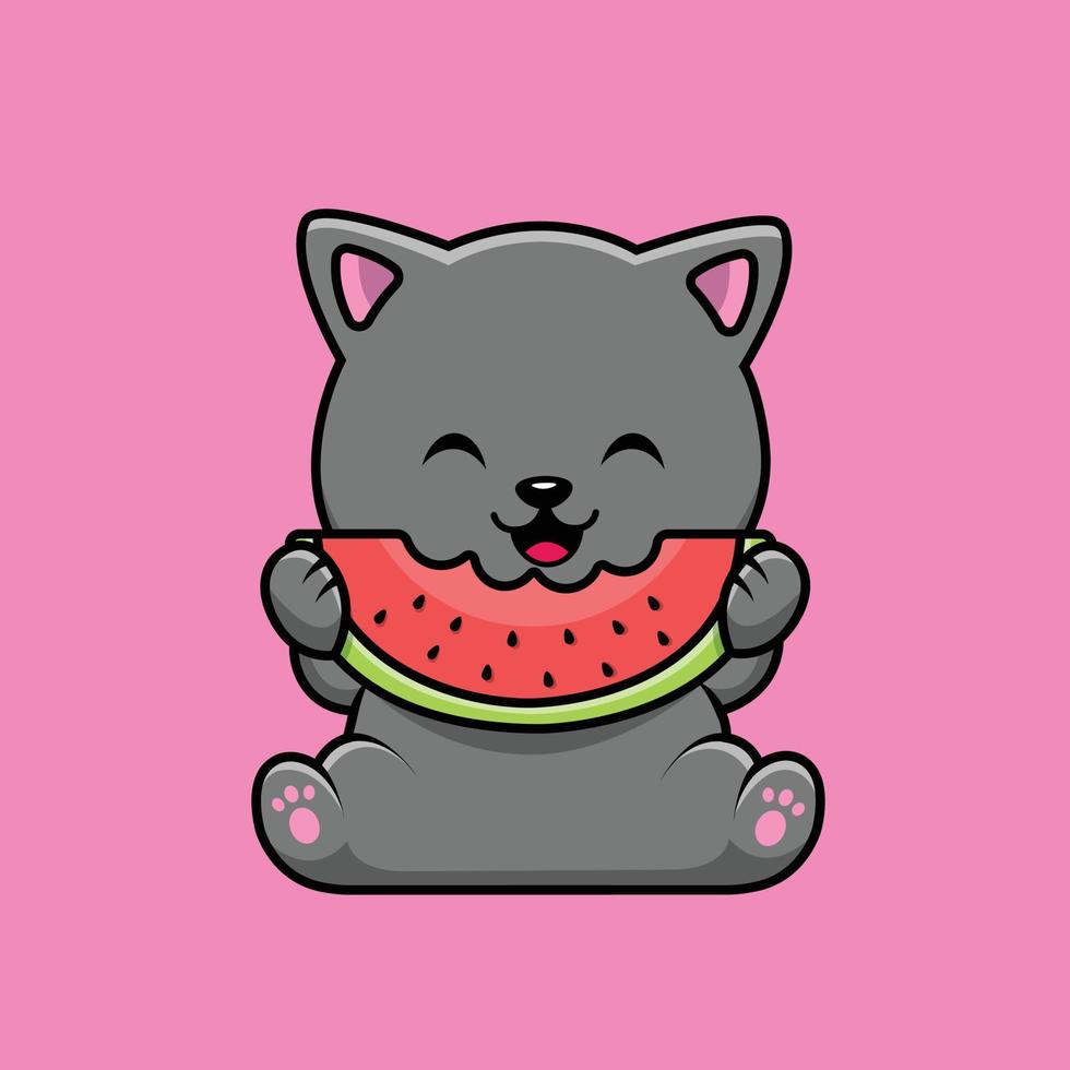 süße katze, die wassermelonen-cartoon-vektor-symbol-illustration isst. Tierfutter-Icon-Konzept isolierter Premium-Vektor. flacher Cartoon-Stil vektor