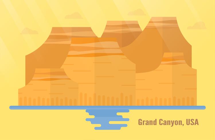 Arizona in USA Sehenswürdigkeiten für das Reisen mit Grand Canyon National Park, Berg und Wasser. Vector Illustration mit Kopienraum und Aufflackern des Lichtes auf gelbem und orange Hintergrund.