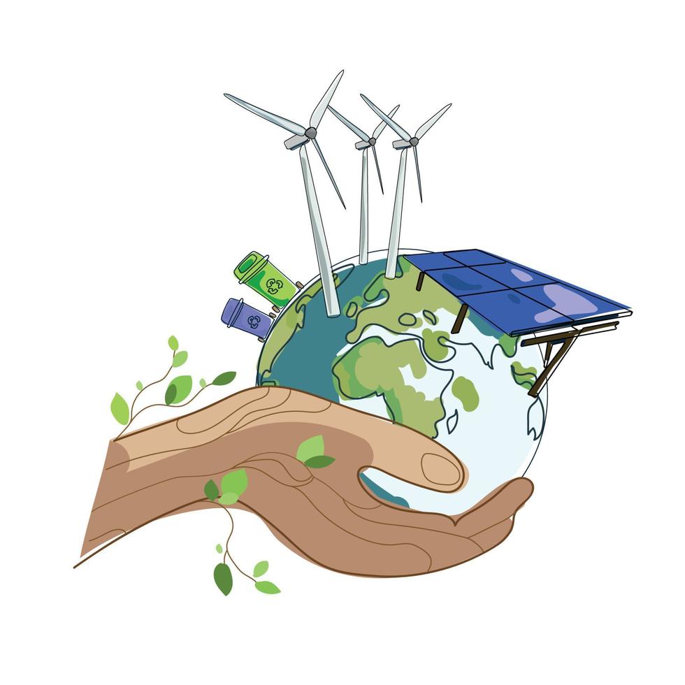 alternativa energikällor concept.planet jorden i mänskliga händer med vindkraftverk och solpaneler, handritning isolerad på vit bakgrund. vektorillustration, förnybar grön energi.rädda planeten vektor