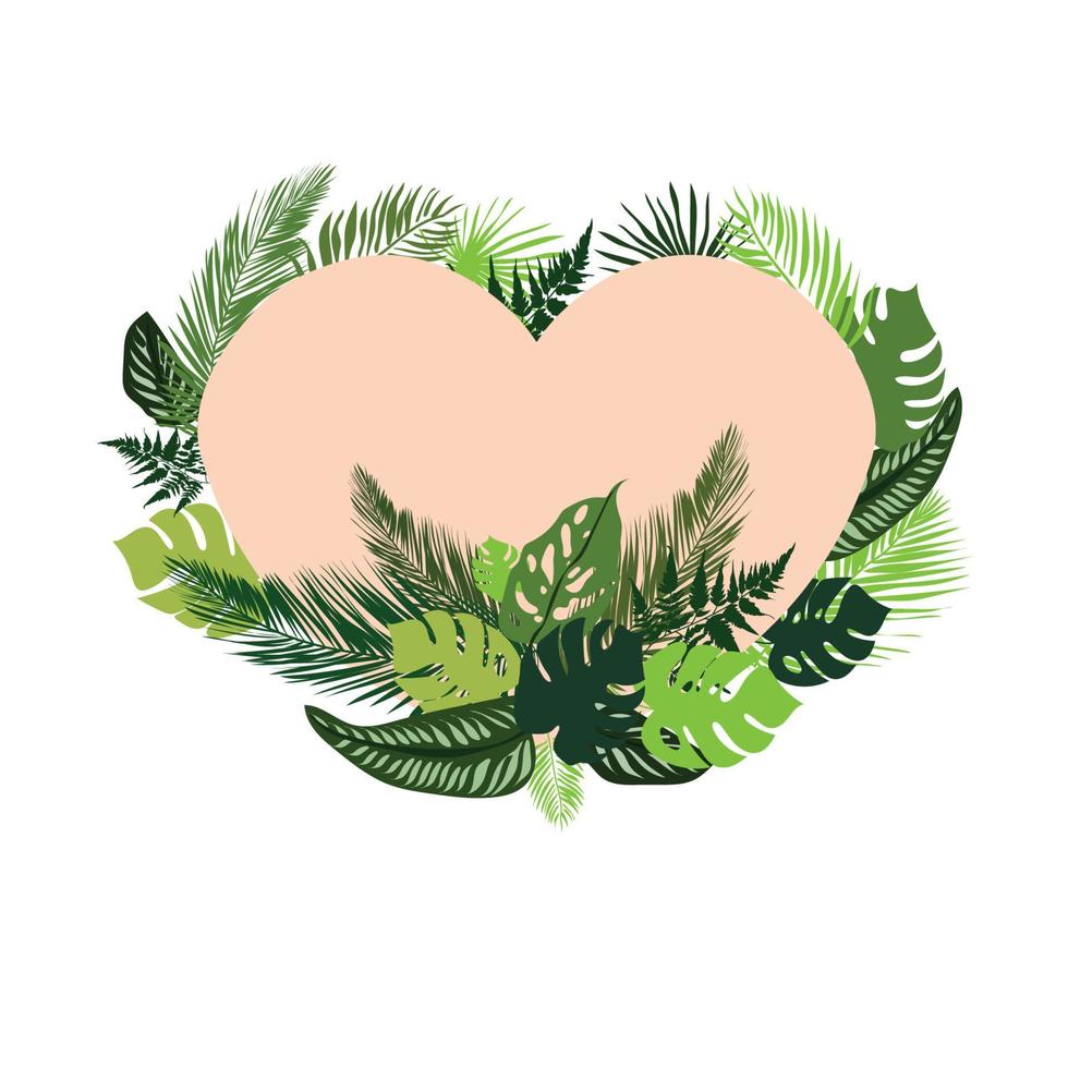 vektor blommigt hjärta med gröna tropiska löv isolerade på vit bakgrund, handritad illustration av ett rosa hjärta med löv och tropiska plants.design för alla hjärtans dag och andra dekorationer