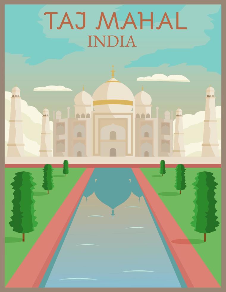 Illustrationsvektordesign des Retro- und Vintage-Reiseplakats von Taj Mahal, Indien vektor