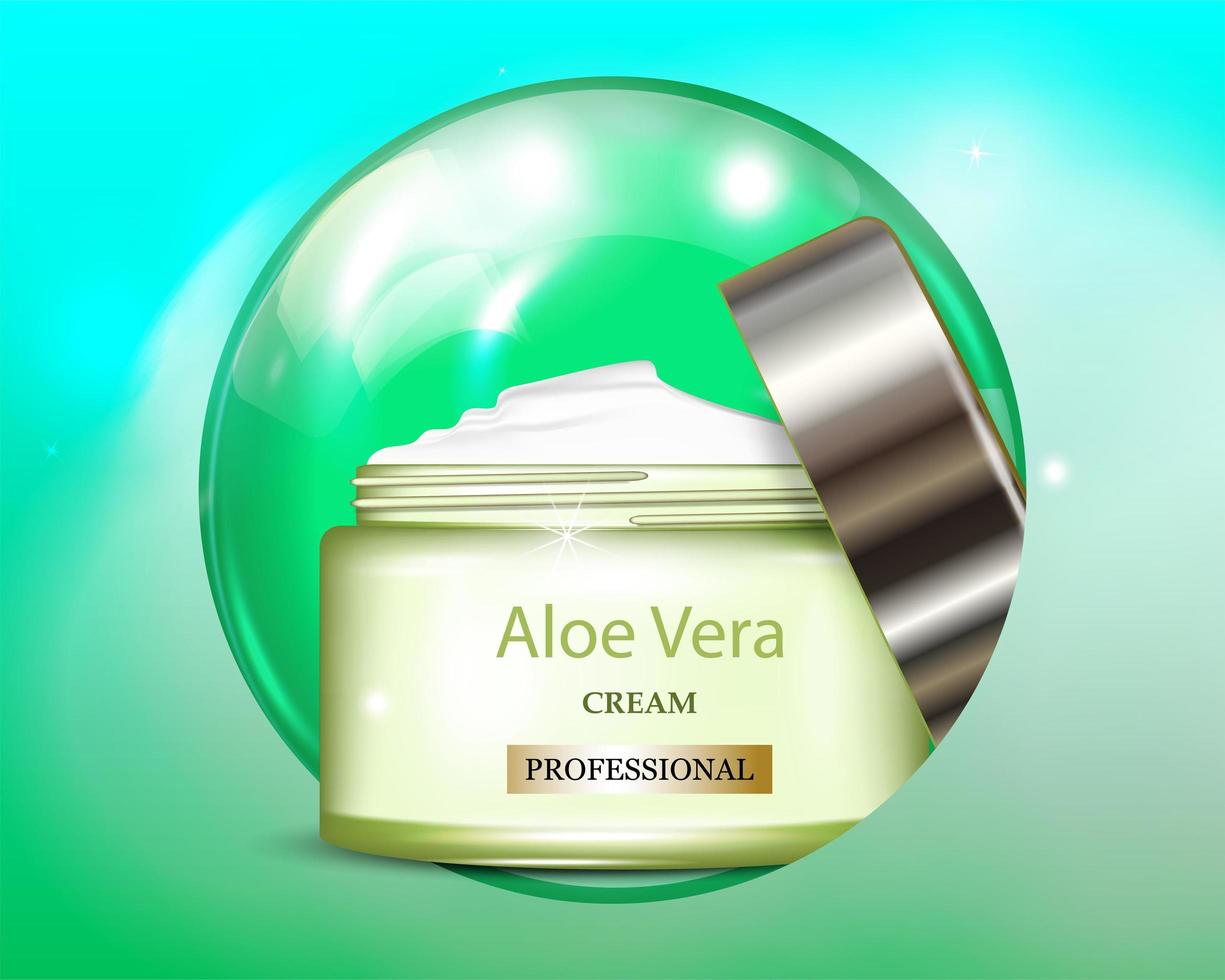 Vektor 3d, Hautpflegecreme mit Aloe Vera auf dem Hintergrund eines grünen Glaskreises. Markenverpackungsdesign. Vektor-Illustration.