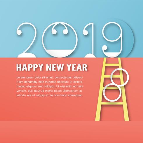 Dekoration des guten Rutsch ins Neue Jahr 2019 auf blauem Hintergrund. Vektorillustration mit Kalligraphiedesign der Zahl im Papierschnitt und im digitalen Handwerk. Das Konzept zeigt, dass es sich im Laufe des Jahres verändert hat. vektor