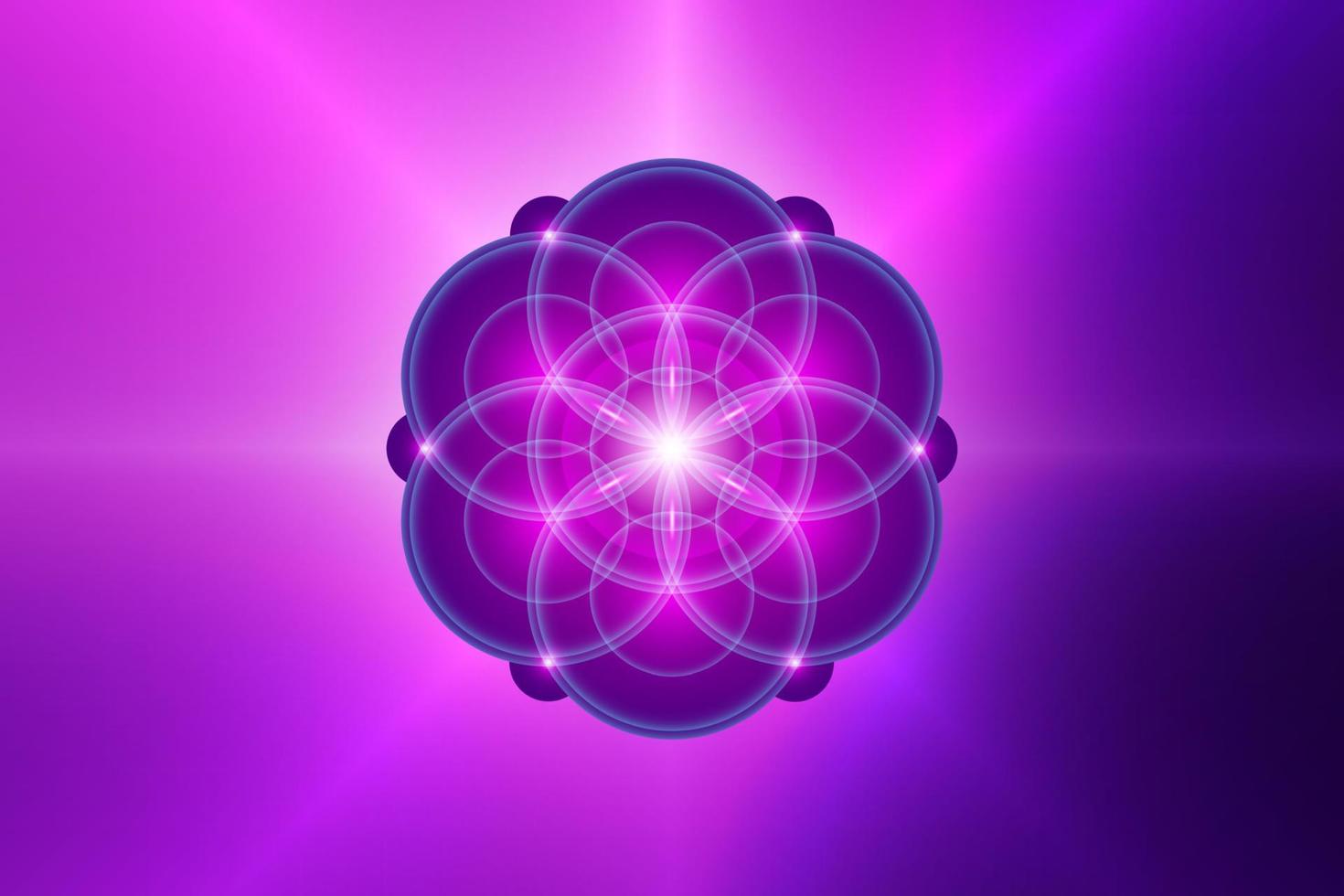 Samen des Lebens, spirituelle heilige Geometrie, Blume des Lebens, Lotus-Neonlicht-Logo-Symbol für Harmonie und Gleichgewicht, leuchtende geometrische Ornamente, Yoga, Entspannung, Vektor einzeln auf violettem Farbhintergrund