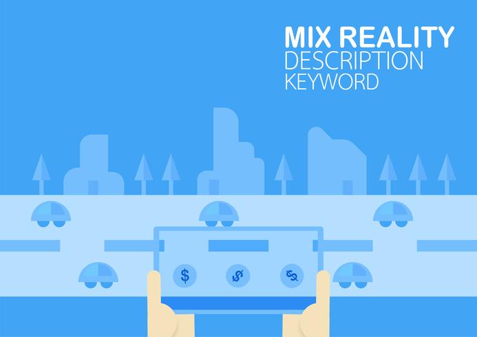 Virtuelle Realität und gemischte Realität auf dem Handy. Vector Illustration im Konzept &quot;des Änderns des Autos zum Geld&quot;, das auf blauem Hintergrund mit flacher Stadt lokalisiert wird.