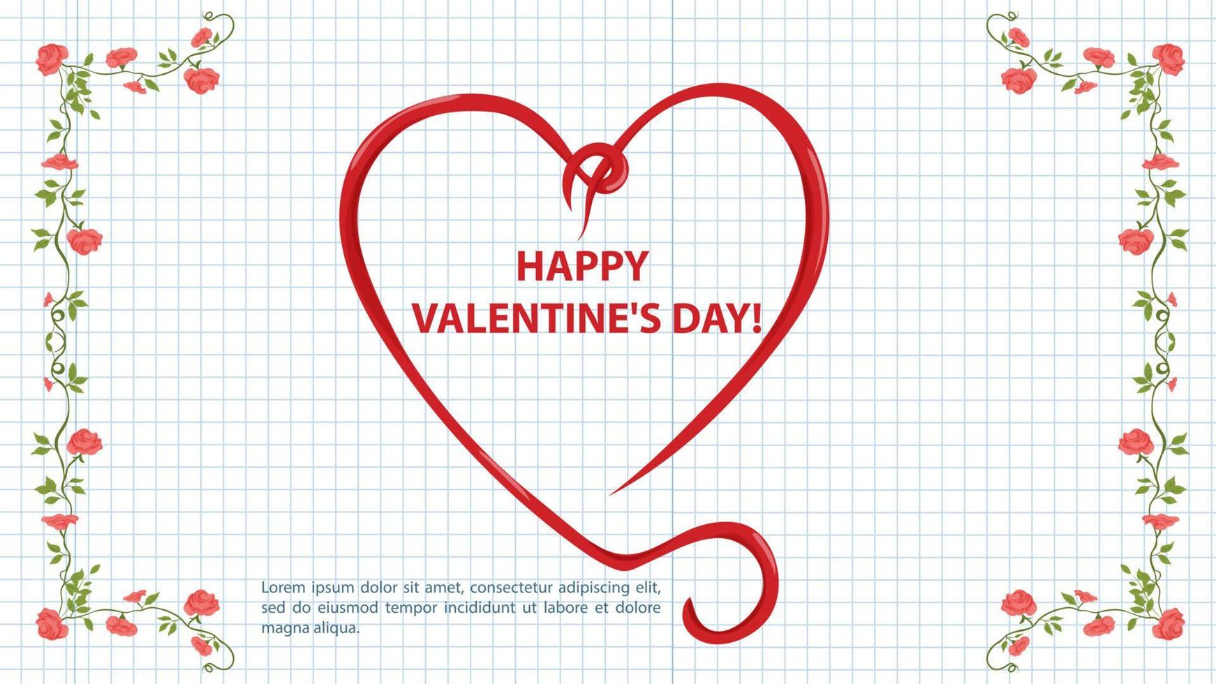 Illustration in einem flachen Stil für den Valentinstag Urlaub ein Rahmen aus Blumen in der Mitte ein Herz mit Locken Hintergrund ein Notizbuchblatt in einem Käfig vektor