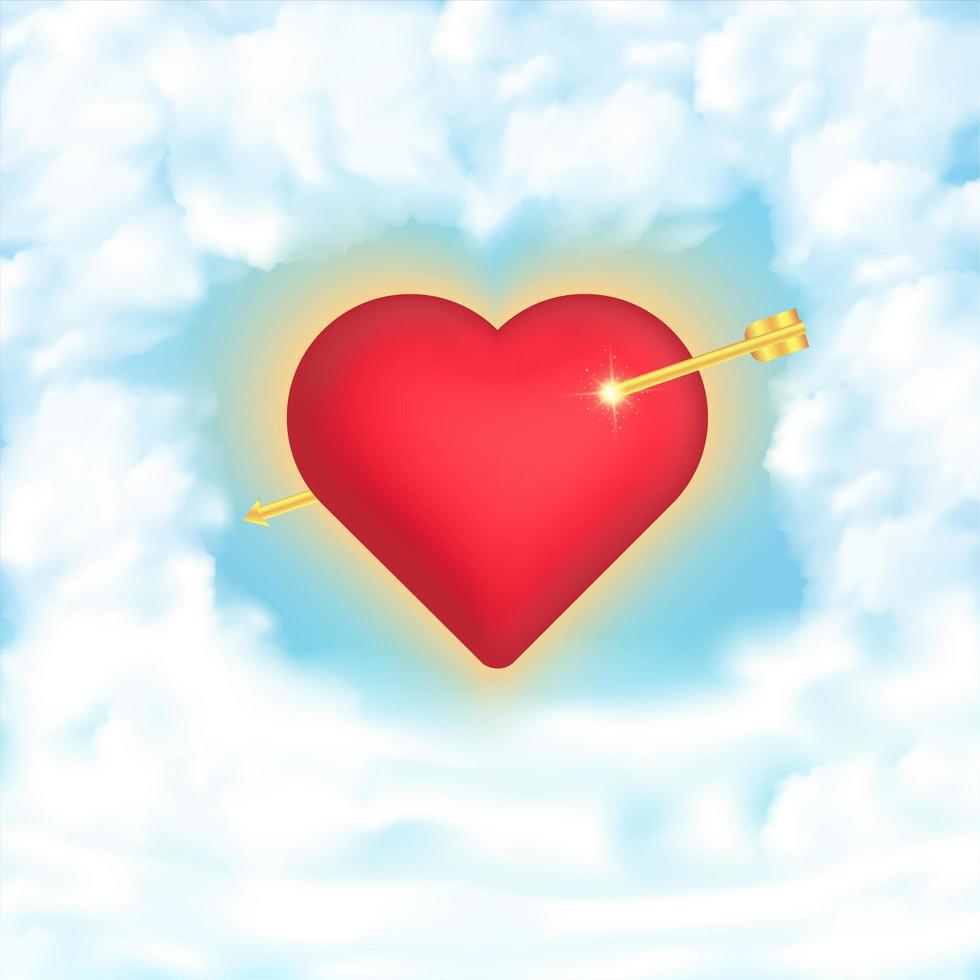 Ein rotes Herz mit einem Pfeil fliegt in den Wolken. vektor