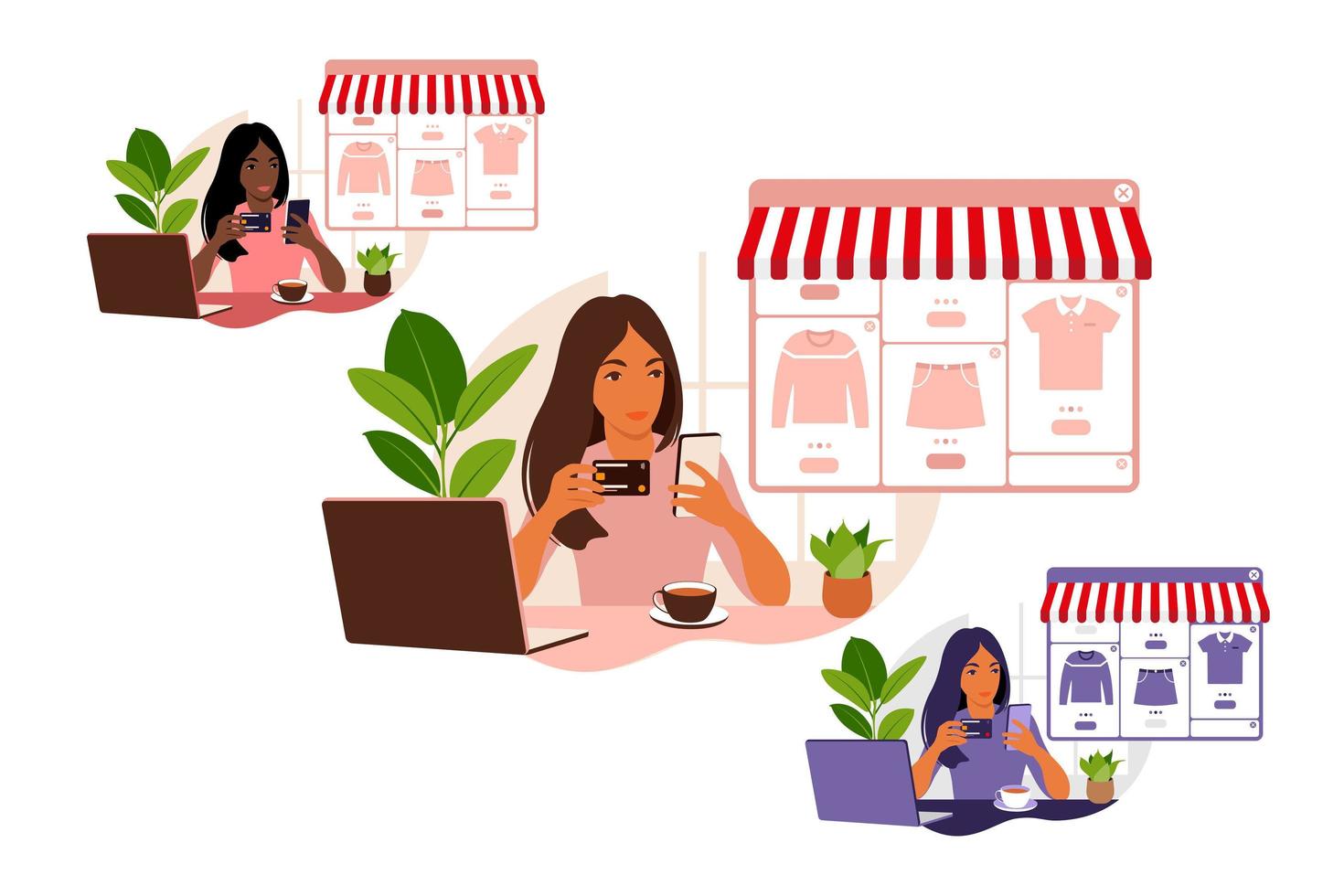 en ung kvinna handlar online med en bärbar dator. betala för köp med kreditkort över internet. begreppet onlinebetalningar och elektroniska köp, shopping. vektor illustration. uppsättning.