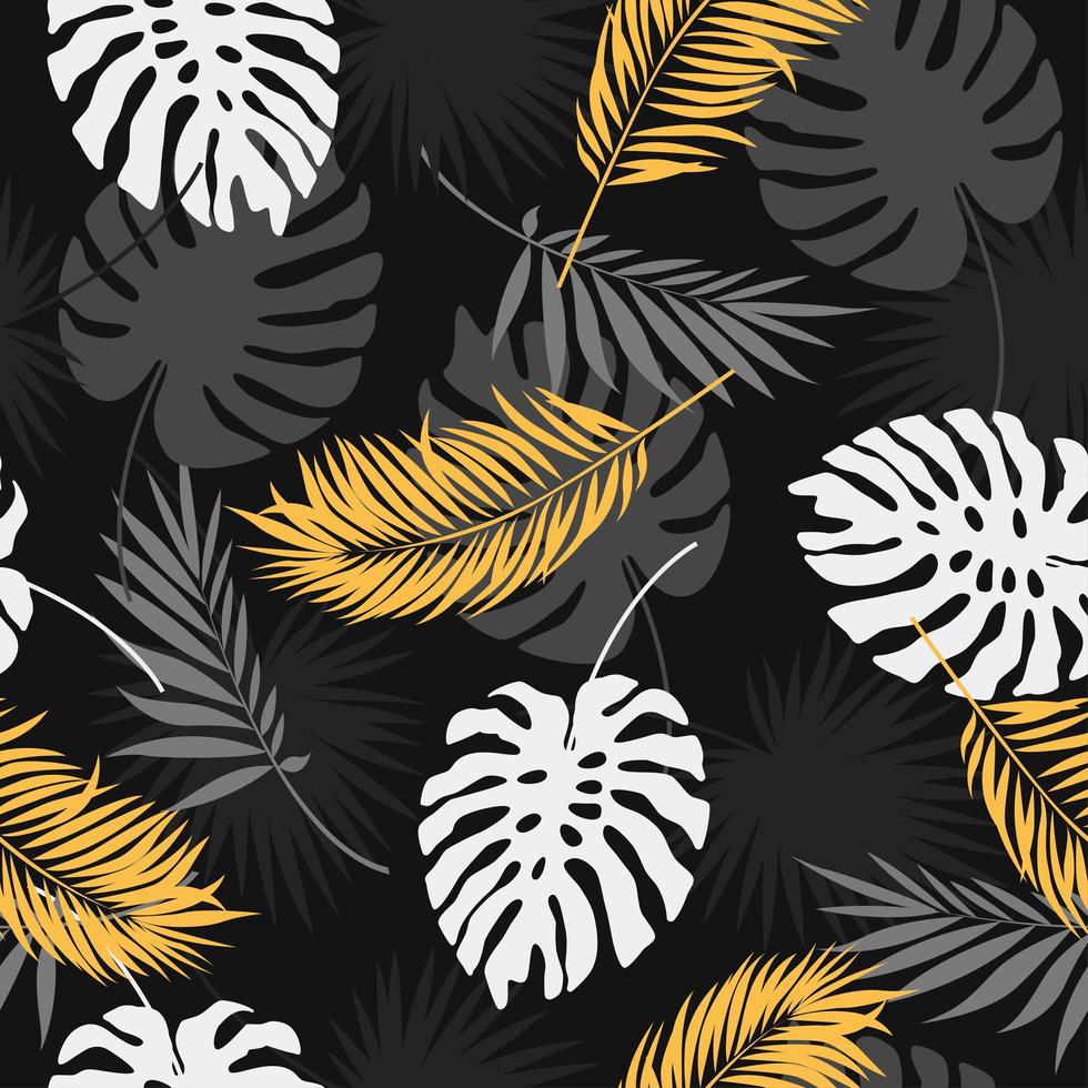 Vektornahtloses Muster mit goldenen und schwarzen tropischen Blättern auf dunklem Hintergrund. vektor