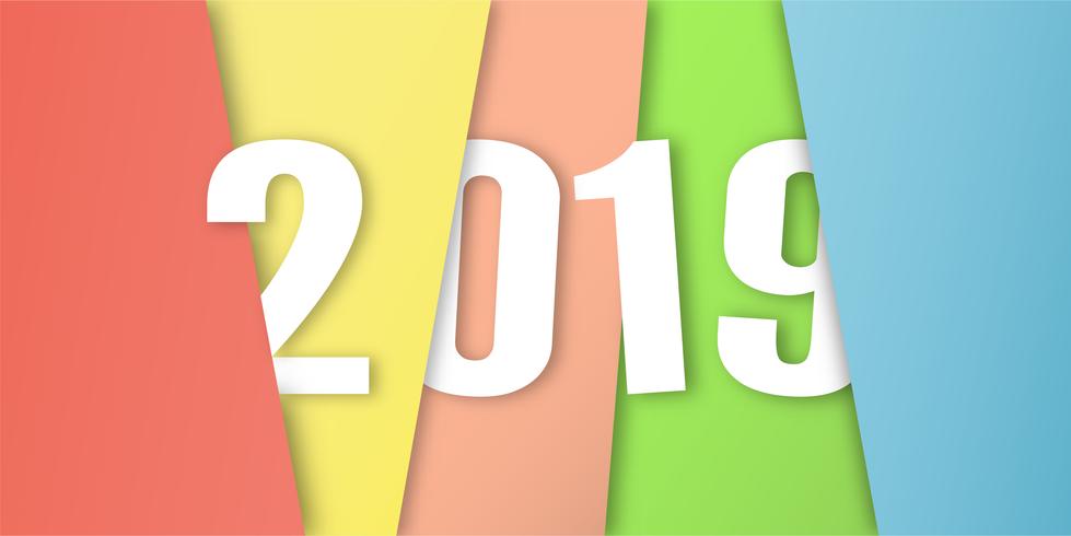 Guten Rutsch ins Neue Jahr 2019 im materiellen Konzept des Entwurfes auf buntem Hintergrund. Vektorillustration im Papierschnitt und im digitalen Handwerk. vektor