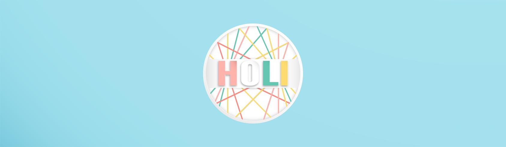 Glad Holi, Färgfestivalen. Mallelementdesign för mall, banner, affisch, hälsningskort. Vektor illustration i pappersskärning, hantverk, origami typ med platt lay stil.