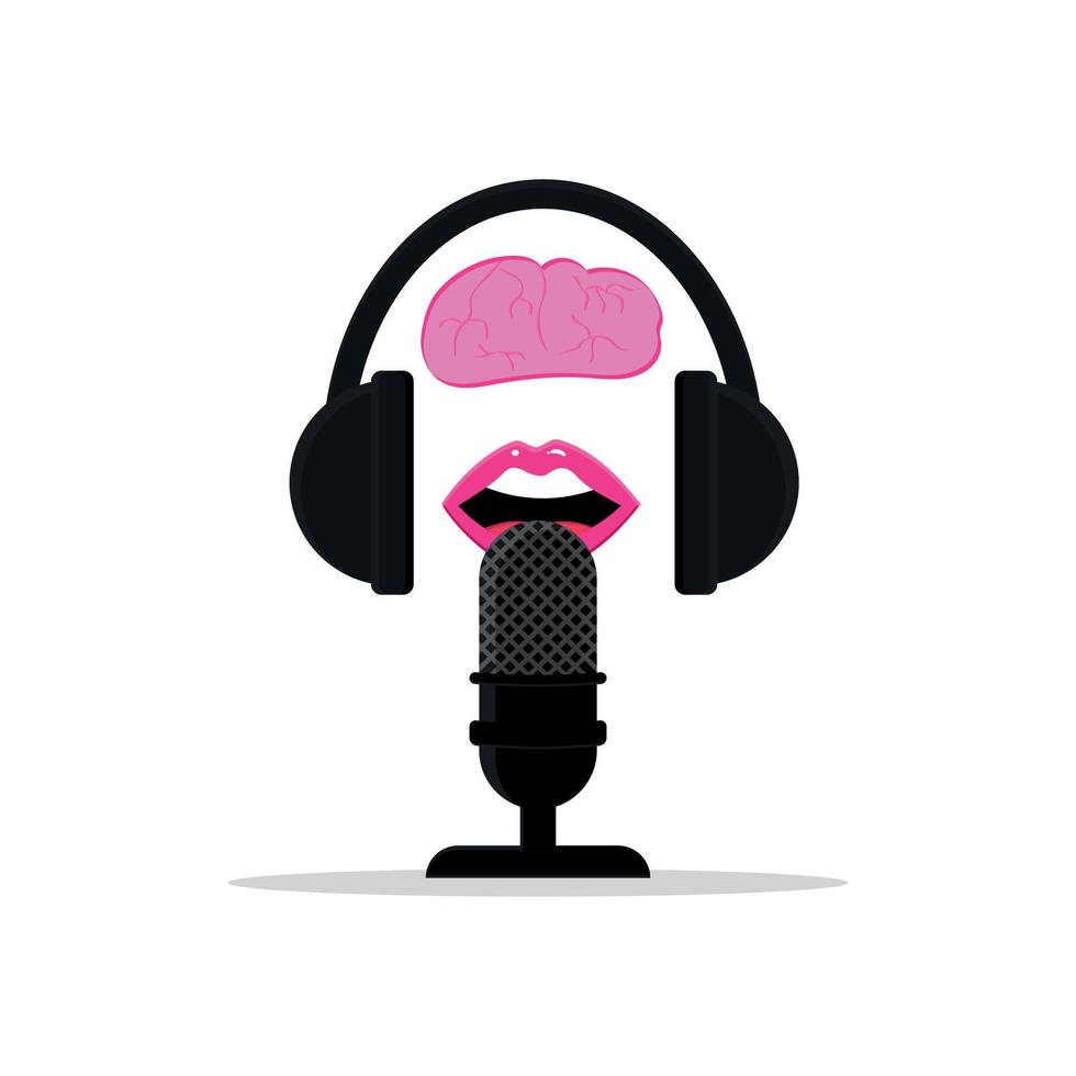 Gehirn und sprechender Mund in Mikrofon im Kopfhörer-Podcast-Konzept vektor