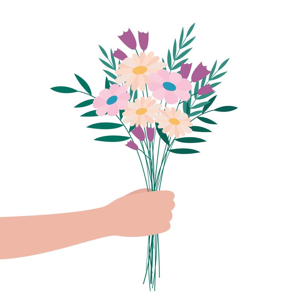 hand som håller bukett blommor. äng söt blossom gäng isolerad på vit bakgrund. platt vektor illustration