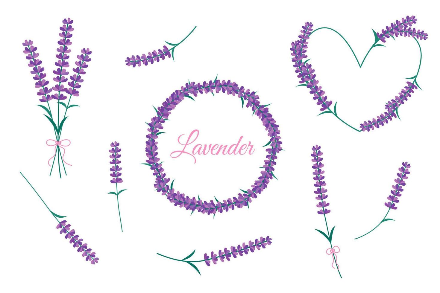 lavendel blommor isolerad på vit bakgrund. vektor set med lila lavendelblom, bukett och blommiga ramar. runda och hjärtkanter