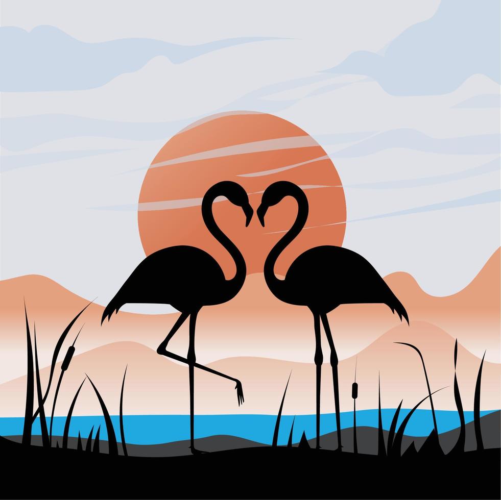 Silhouette mit zwei Flamingos, geformt aus Herzvektor vektor