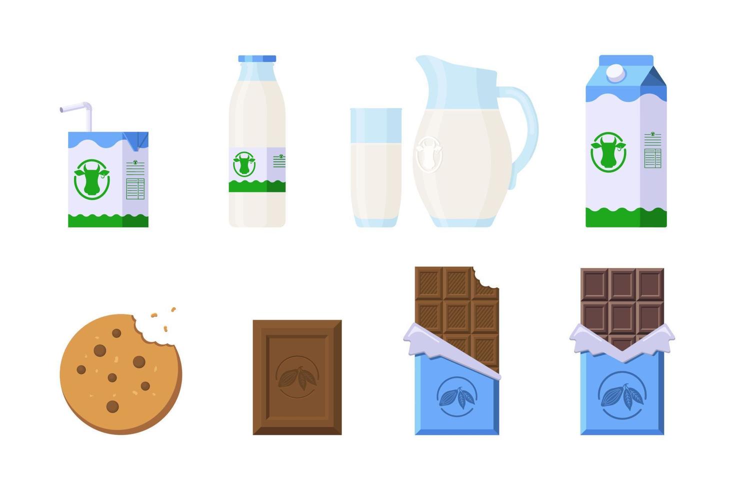 Snack-Produktset. flacher Stil. sammlung von keksen, schokolade und milch in verschiedenen verpackungen für logo, etikett, aufkleber, druck, rezept, menü, dekor und dekoration vektor