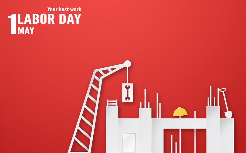 Happy Labour Day am 1. Mai von Jahren. Template-Design für Banner, Poster, Cover, Werbung, Website. Vector Illustration im Papierschnitt und machen Sie Art auf rotem Hintergrund in Handarbeit.