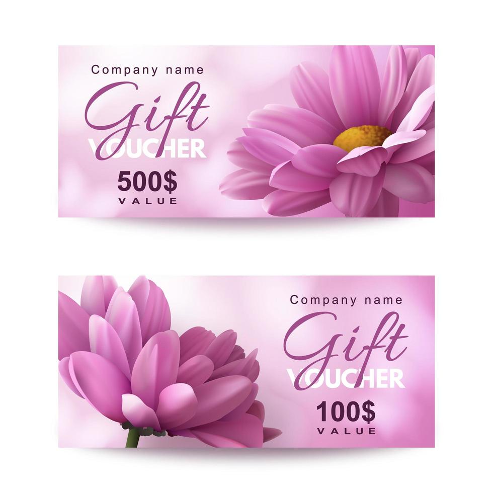 Set Geschenkgutscheine mit zwei realistischen rosa Chrysanthemenblumen. Vorlage für einen festlichen Geschenkgutschein, eine Einladung und eine Urkunde. Vektor-Illustration vektor
