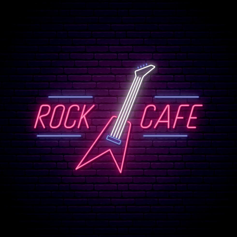 rock café neonskylt. light night skylt med gitarr för bar, café, karaoke. vektor