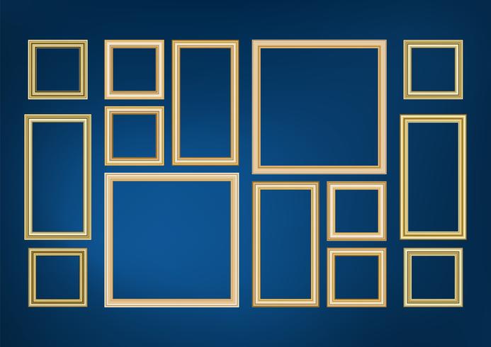 Set av dekorativa ram bild med guldgräns, Vector design på blå bakgrund med kopia utrymme i premium koncept.
