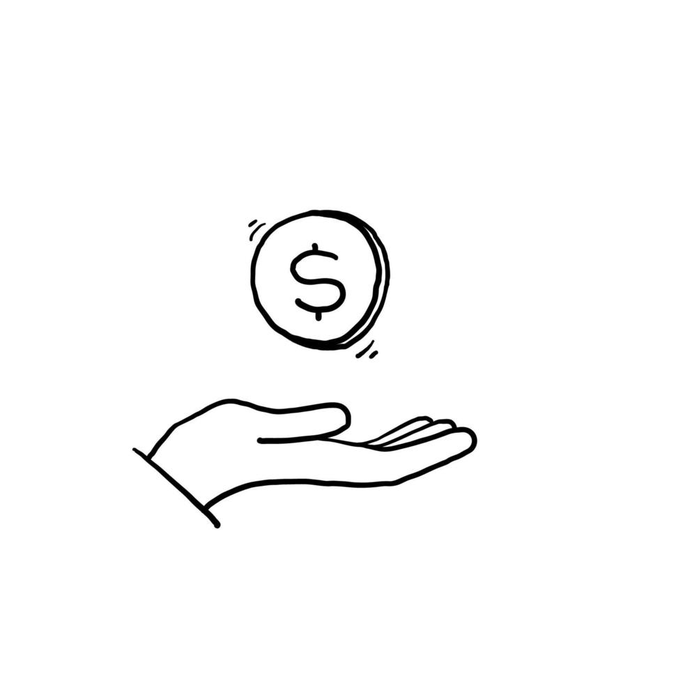 hand gezeichnet, geld sparen symbol, gehalt geld, finanzen investieren, hand halten dollar, liniensymbole auf weißem hintergrundgekritzel vektor